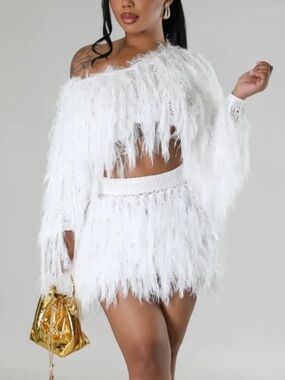 White Feather Fringe Mini Skirt